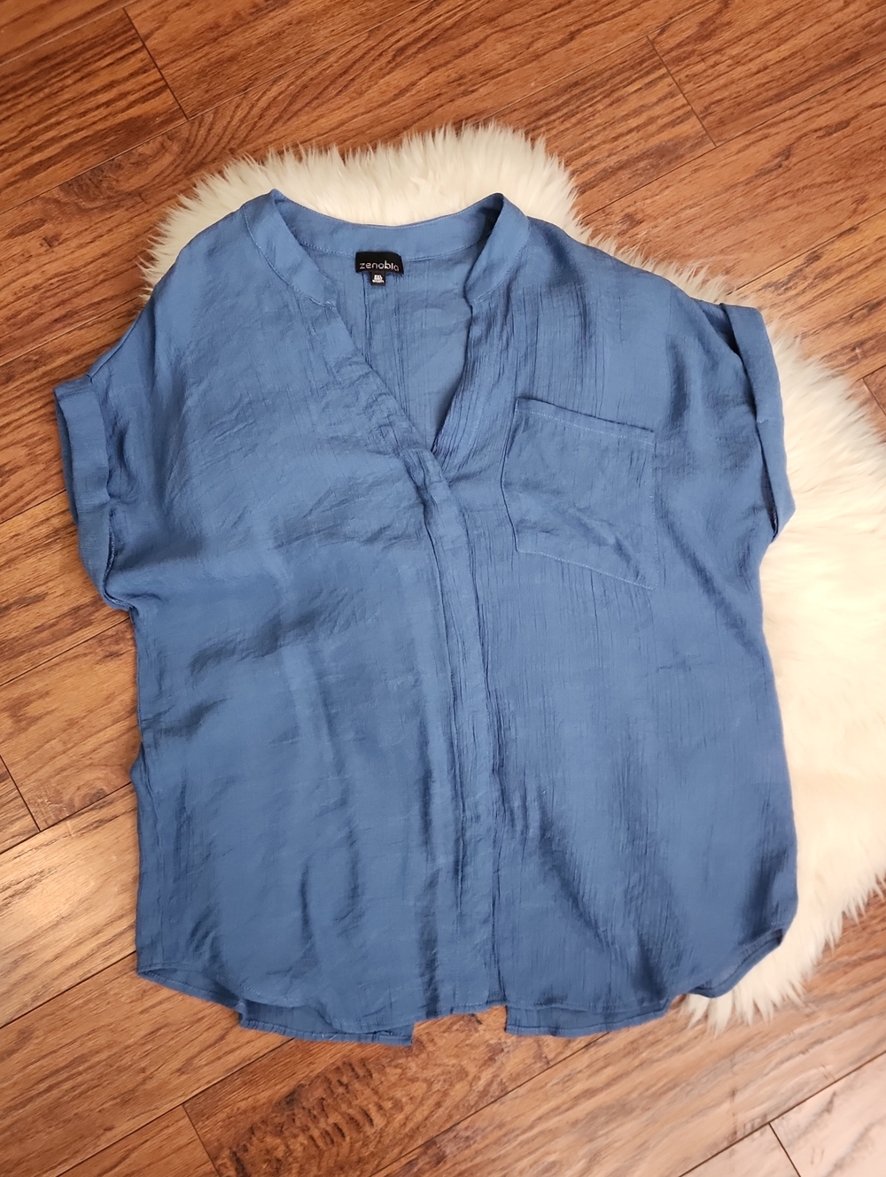 Zenobia Blue Botton Front Dolman Sleeve Womens Blouse